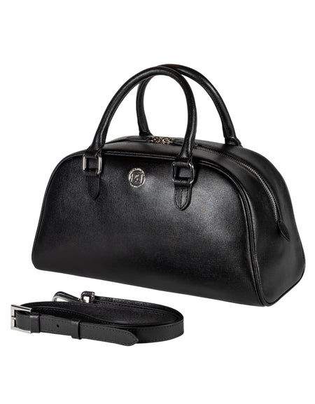 RB1034A | Borsa Bowling da Donna VIRGINIA in Vera Pelle Saffiano Made in Italy. Accessori in metallo Argento Lucido. Colore Nero. Dimensioni: cm 35 x 19 x 14,5 + 12 (Luce manici)-1