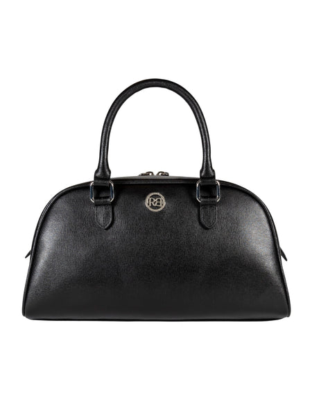 RB1034A | Borsa Bowling da Donna VIRGINIA in Vera Pelle Saffiano Made in Italy. Accessori in metallo Argento Lucido. Colore Nero. Dimensioni: cm 35 x 19 x 14,5 + 12 (Luce manici)-0