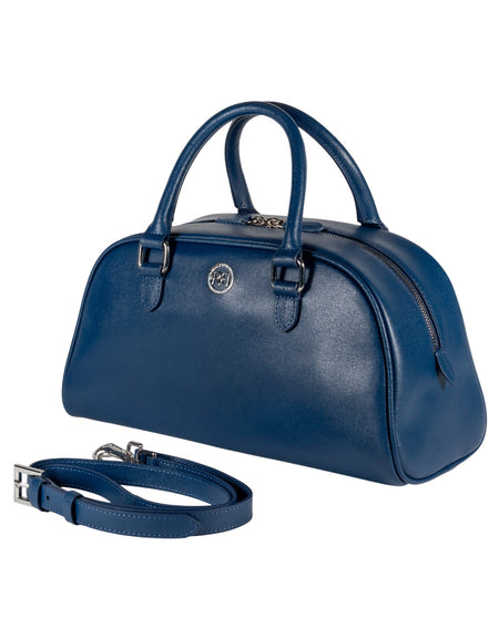RB1034D | Borsa Bowling da Donna VIRGINIA in Vera Pelle Saffiano Made in Italy. Accessori in metallo Argento Lucido. Colore Blu. Dimensioni: cm 35 x 19 x 14,5 + 12 (Luce manici)-1