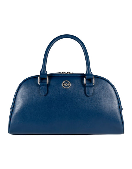 RB1034D | Borsa Bowling da Donna VIRGINIA in Vera Pelle Saffiano Made in Italy. Accessori in metallo Argento Lucido. Colore Blu. Dimensioni: cm 35 x 19 x 14,5 + 12 (Luce manici)-0