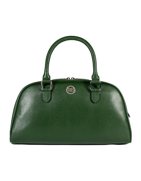 RB1034E | Borsa Bowling da Donna VIRGINIA in Vera Pelle Saffiano Made in Italy. Accessori in metallo Argento Lucido. Colore Verde. Dimensioni: cm 35 x 19 x 14,5 + 12 (Luce manici)-0