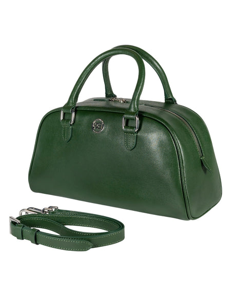 RB1034E | Borsa Bowling da Donna VIRGINIA in Vera Pelle Saffiano Made in Italy. Accessori in metallo Argento Lucido. Colore Verde. Dimensioni: cm 35 x 19 x 14,5 + 12 (Luce manici)-1