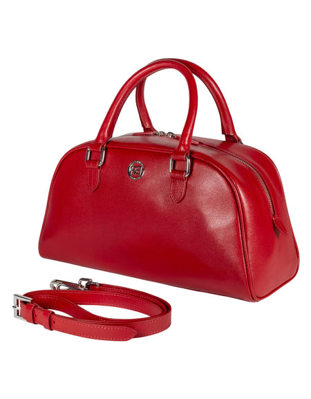 RB1034V | Borsa Bowling da Donna VIRGINIA in Vera Pelle Saffiano Made in Italy. Accessori in metallo Argento Lucido. Colore Rosso. Dimensioni: cm 35 x 19 x 14,5 + 12 (Luce manici)-1