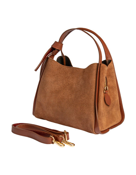 RB1035BI  | Borsa a Mano Donna ALICE in Vera Pelle Scamosciata Made in Italy. Accessori in metallo Oro Lucido. Colore Castagna. Dimensioni: cm 26 x 20 x 15 + 12 (Luce manico)-1