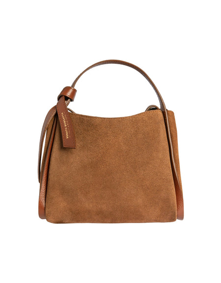RB1035BI  | Borsa a Mano Donna ALICE in Vera Pelle Scamosciata Made in Italy. Accessori in metallo Oro Lucido. Colore Castagna. Dimensioni: cm 26 x 20 x 15 + 12 (Luce manico)-0
