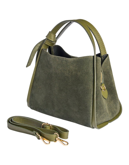 RB1035CR  | Borsa a Mano Donna ALICE in Vera Pelle Scamosciata Made in Italy. Accessori in metallo Oro Lucido. Colore Foresta. Dimensioni: cm 26 x 20 x 15 + 12 (Luce manico)-1