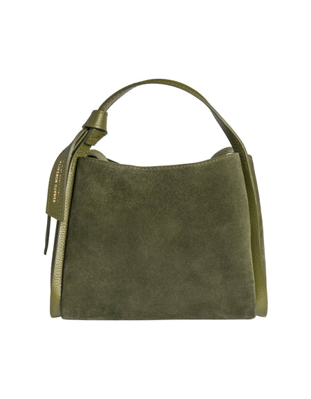 RB1035CR  | Borsa a Mano Donna ALICE in Vera Pelle Scamosciata Made in Italy. Accessori in metallo Oro Lucido. Colore Foresta. Dimensioni: cm 26 x 20 x 15 + 12 (Luce manico)-0