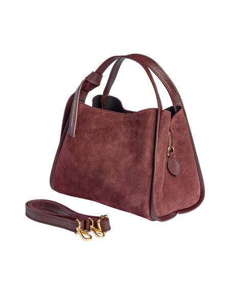 RB1035X  | Borsa a Mano Donna ALICE in Vera Pelle Scamosciata Made in Italy. Accessori in metallo Oro Lucido. Colore Bordeaux. Dimensioni: cm 26 x 20 x 15 + 12 (Luce manico)-1