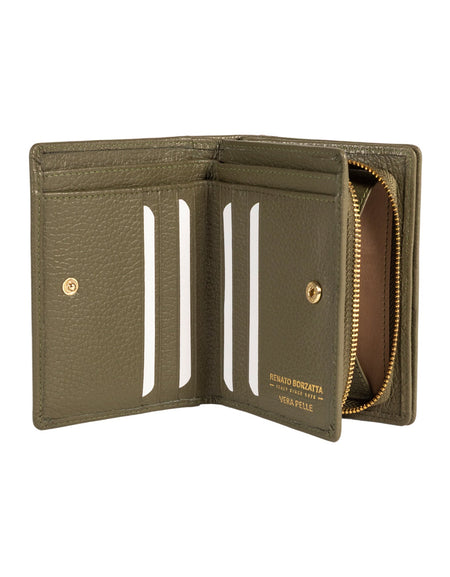 RB1080GAG | Portafogli Donna Made in Italy in Vera Pelle grana Dollaro. Colore Verde Oliva. Dimensioni (da chiuso): cm 13 x 9 x 2,5-1