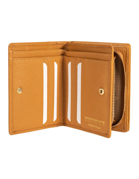 RB1080GCQ | Portafogli Donna Made in Italy in Vera Pelle grana Dollaro. Colore Cuoio. Dimensioni (da chiuso): cm 13 x 9 x 2,5-1