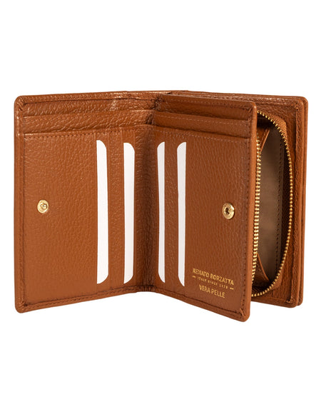 RB1080GS | Portafogli Donna Made in Italy in Vera Pelle grana Dollaro. Colore Cognac. Dimensioni (da chiuso): cm 13 x 9 x 2,5-1