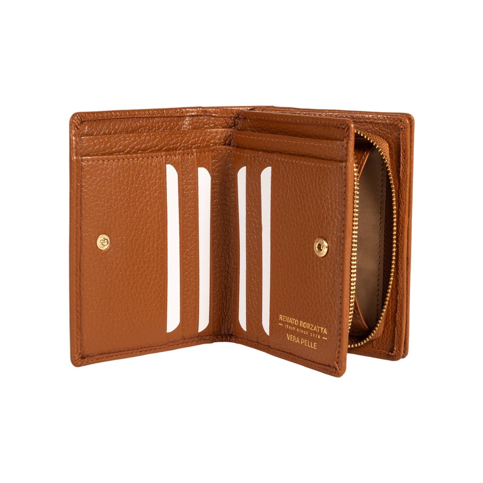 RB1080GS | Portafogli Donna Made in Italy in Vera Pelle grana Dollaro. Colore Cognac. Dimensioni (da chiuso): cm 13 x 9 x 2,5-1