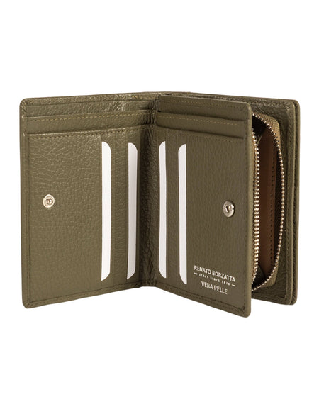 RB1080SAG | Portafogli Donna Made in Italy in Vera Pelle grana Dollaro. Colore Verde Oliva. Dimensioni (da chiuso): cm 13 x 9 x 2,5-1