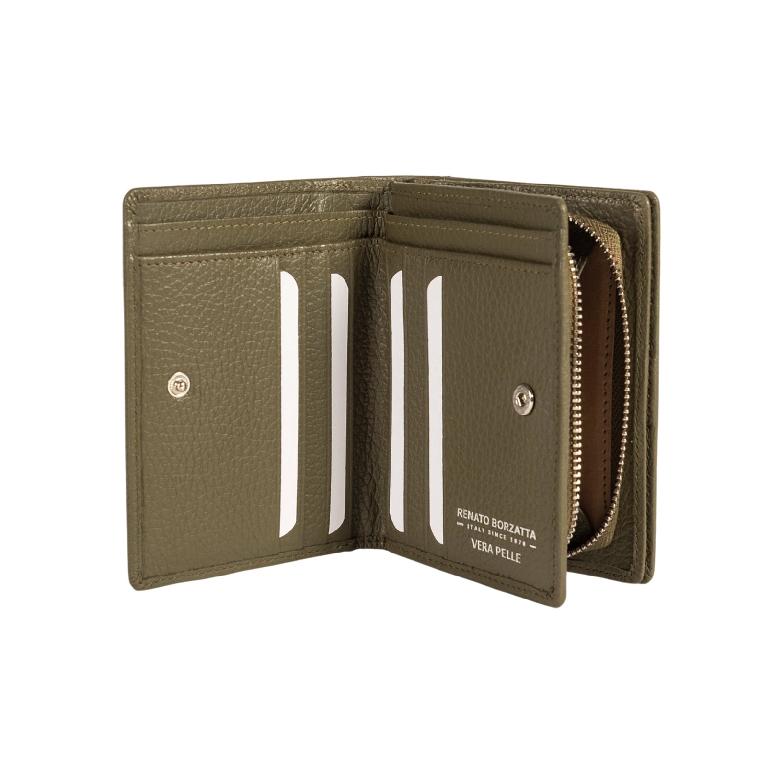 RB1080SAG | Portafogli Donna Made in Italy in Vera Pelle grana Dollaro. Colore Verde Oliva. Dimensioni (da chiuso): cm 13 x 9 x 2,5-1