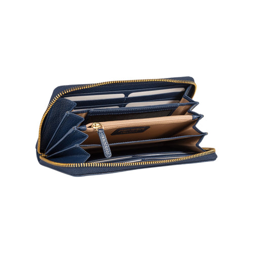 Load image into Gallery viewer, RB1081GD | Portafogli Donna con chiusura lampo Made in Italy in Vera Pelle grana Dollaro. Colore Blu. Dimensioni: cm 20 x 10 x 2,5-2
