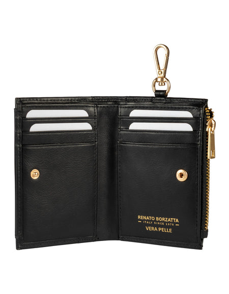 RB1085A | Portafogli Donna Made in Italy in Vera Pelle Morbida Sauvage. Accessori in metallo Oro Opaco. Colore Nero. Dimensioni (da chiuso): cm 8 x 11,5 x 2-1