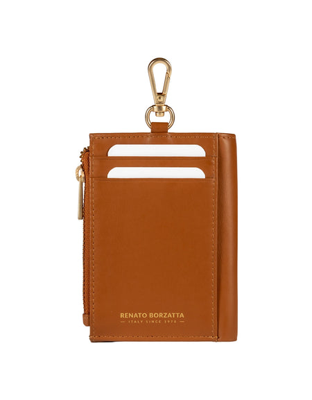RB1085S | Portafogli Donna Made in Italy in Vera Pelle Morbida Sauvage. Accessori in metallo Oro Opaco. Colore Cognac. Dimensioni (da chiuso): cm 8 x 11,5 x 2-0