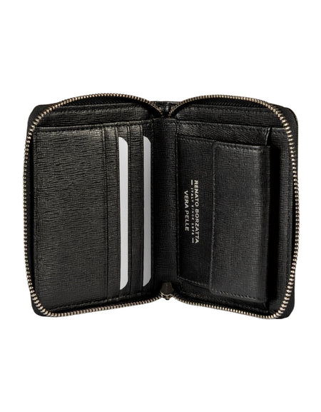 RB1086A | Portafogli Donna con Chiusura Lampo Made in Italy in Vera Pelle Saffiano. Accessori in metallo Argento Lucido. Colore Nero. Dimensioni (da chiuso): cm 10 x 12 x 2-1