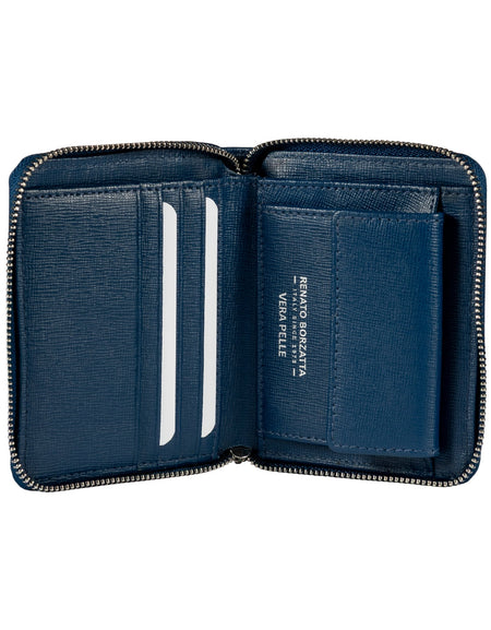 RB1086D | Portafogli Donna con Chiusura Lampo Made in Italy in Vera Pelle Saffiano. Accessori in metallo Argento Lucido. Colore Blu. Dimensioni (da chiuso): cm 10 x 12 x 2-1