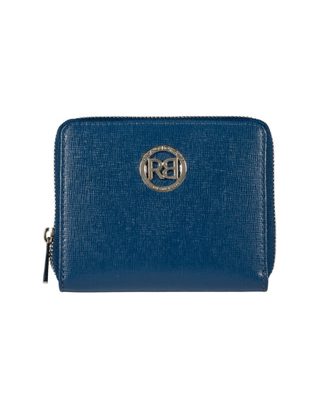 RB1086D | Portafogli Donna con Chiusura Lampo Made in Italy in Vera Pelle Saffiano. Accessori in metallo Argento Lucido. Colore Blu. Dimensioni (da chiuso): cm 10 x 12 x 2-0
