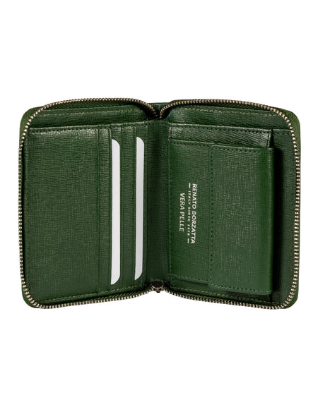 RB1086E | Portafogli Donna con Chiusura Lampo Made in Italy in Vera Pelle Saffiano. Accessori in metallo Argento Lucido. Colore Verde. Dimensioni (da chiuso): cm 10 x 12 x 2-1