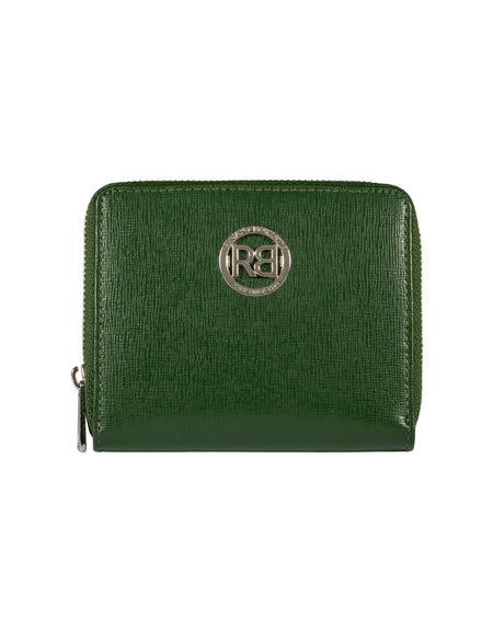 RB1086E | Portafogli Donna con Chiusura Lampo Made in Italy in Vera Pelle Saffiano. Accessori in metallo Argento Lucido. Colore Verde. Dimensioni (da chiuso): cm 10 x 12 x 2-0