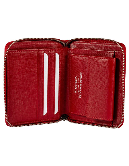 RB1086V | Portafogli Donna con Chiusura Lampo Made in Italy in Vera Pelle Saffiano. Accessori in metallo Argento Lucido. Colore Rosso. Dimensioni (da chiuso): cm 10 x 12 x 2-1