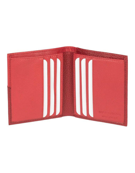 RB12113V| Portafogli Verticale in Vera Pelle pieno fiore, grana dollaro/leggera. Colore Rosso. Protezione RFID. Dimensioni da chiuso: cm 9,5 x 10 x 1. Confezione: Scatola regalo fondo/coperchio-1