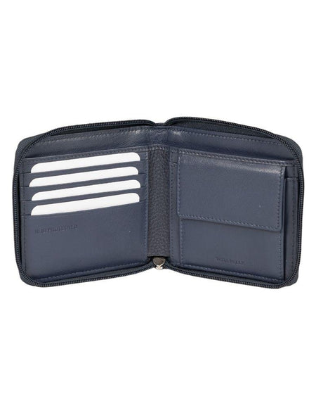 RB12175D | Portafogli con Lampo in Vera Pelle pieno fiore, grana dollaro/leggera. Colore Blu. Protezione RFID. Dimensioni da chiuso: cm 11,5 x 10,5 x 2. Confezione: Scatola regalo fondo/coperchio-1