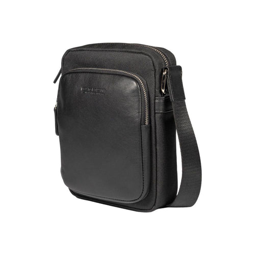 Load image into Gallery viewer, RB2002A | Borsa a Tracolla in Nylon/Vera Pelle, con leggera grana. Chiusura con lampo e tracolla regolabile - Colore Nero - Dimensioni: cm 15,5 x 21 x 7. Confezione: Sacchetto in Tessuto non Tessuto-0
