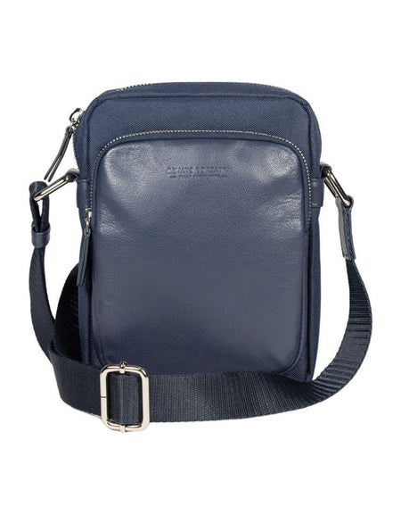 RB2002D | Borsa a Tracolla in Nylon/Vera Pelle, con leggera grana. Chiusura con lampo e tracolla regolabile - Colore Blu - Dimensioni: cm 15,5 x 21 x 7. Confezione: Sacchetto in Tessuto non Tessuto-1