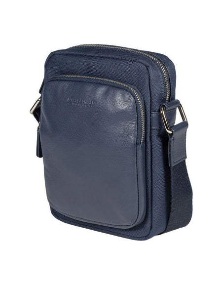 RB2002D | Borsa a Tracolla in Nylon/Vera Pelle, con leggera grana. Chiusura con lampo e tracolla regolabile - Colore Blu - Dimensioni: cm 15,5 x 21 x 7. Confezione: Sacchetto in Tessuto non Tessuto-0