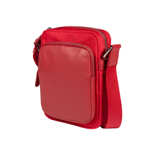 Load image into Gallery viewer, RB2002V | Borsa a Tracolla in Nylon/Vera Pelle, con leggera grana. Chiusura con lampo e tracolla regolabile - Colore Rosso - Dimensioni: cm 15,5 x 21 x 7. Confezione: Sacchetto in Tessuto non Tessuto-0
