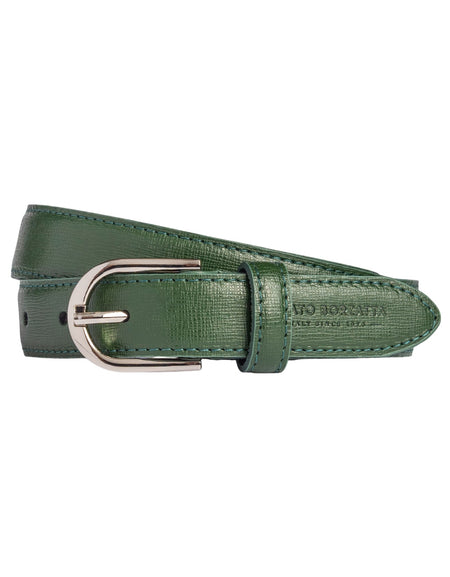 RB4016E | Cintura Donna Made in Italy in Vera Pelle Saffiano. Fibbia in finitura Argento Lucido. Colore Verde. Dimensioni: cm 115 x 2,5 x 0,5 (giro vita cm 100)-0
