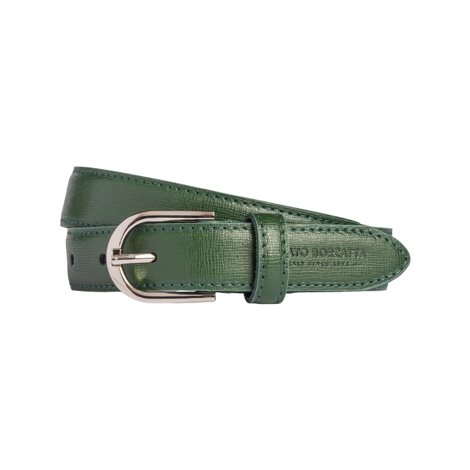 RB4016E | Cintura Donna Made in Italy in Vera Pelle Saffiano. Fibbia in finitura Argento Lucido. Colore Verde. Dimensioni: cm 115 x 2,5 x 0,5 (giro vita cm 100)-0