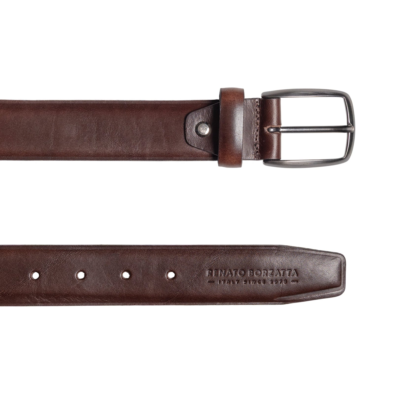 RB4025B | Cintura Uomo Made in Italy in Vero Cuoio Conciato al Vegetale. Fibbia in finitura Canna di Fucile Satinato. Colore Testa Moro. Dimensioni: cm 125 x 3,5 x 0,5 (giro vita cm 110)-2