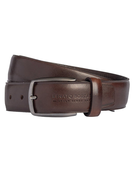 RB4025B | Cintura Uomo Made in Italy in Vero Cuoio Conciato al Vegetale. Fibbia in finitura Canna di Fucile Satinato. Colore Testa Moro. Dimensioni: cm 125 x 3,5 x 0,5 (giro vita cm 110)-0