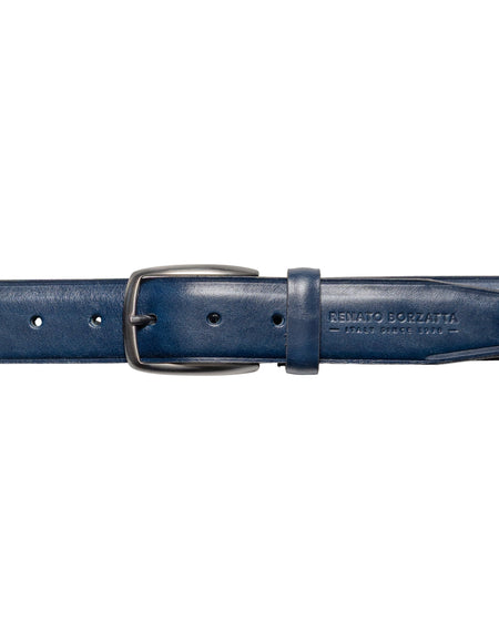RB4025D | Cintura Uomo Made in Italy in Vero Cuoio Conciato al Vegetale. Fibbia in finitura Canna di Fucile Satinato. Colore Blu. Dimensioni: cm 125 x 3,5 x 0,5 (giro vita cm 110)-1