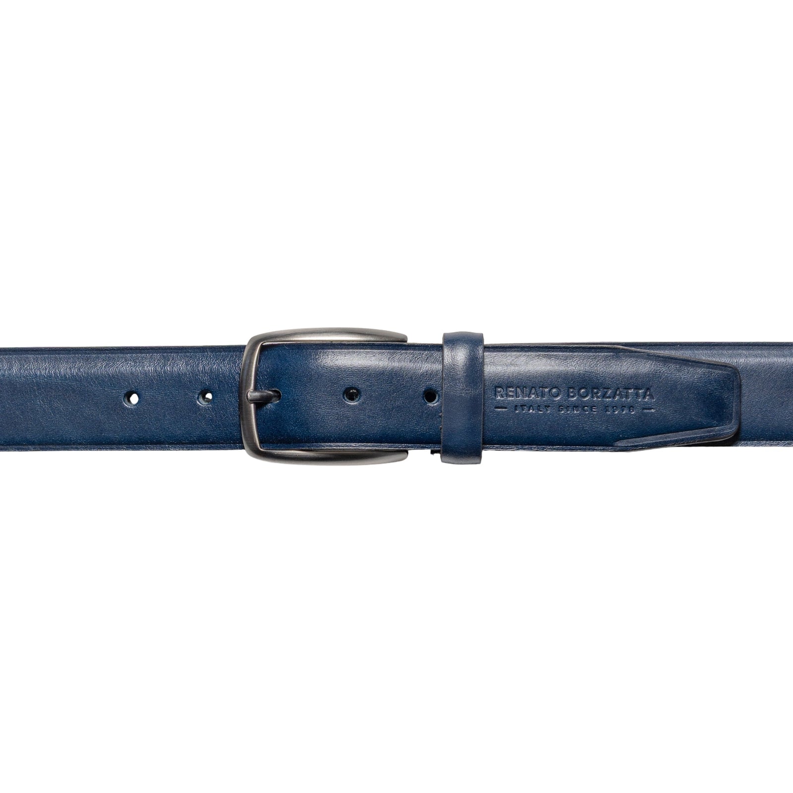 RB4025D | Cintura Uomo Made in Italy in Vero Cuoio Conciato al Vegetale. Fibbia in finitura Canna di Fucile Satinato. Colore Blu. Dimensioni: cm 125 x 3,5 x 0,5 (giro vita cm 110)-1