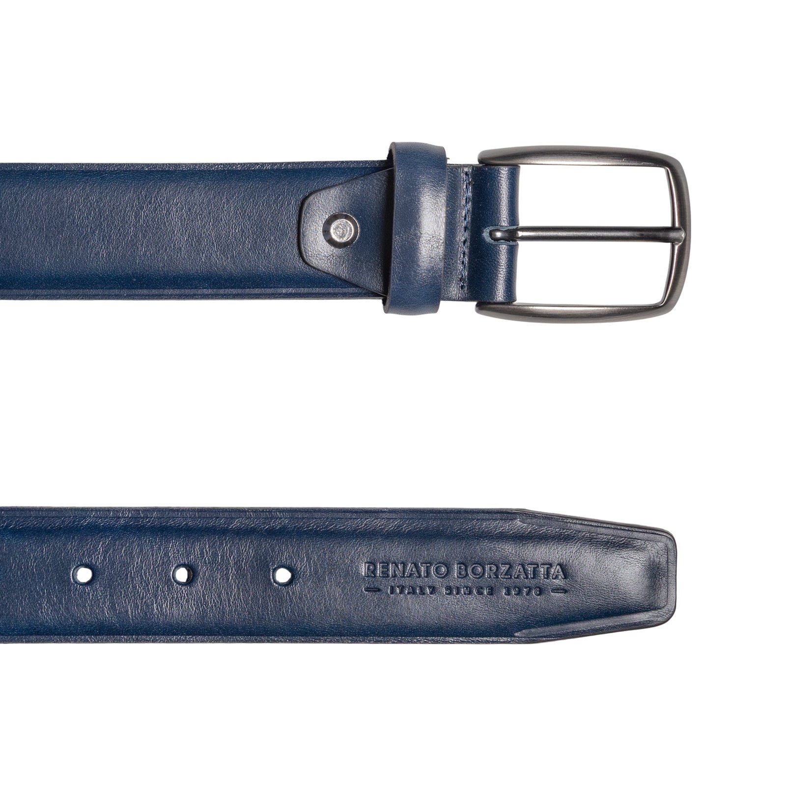 RB4025D | Cintura Uomo Made in Italy in Vero Cuoio Conciato al Vegetale. Fibbia in finitura Canna di Fucile Satinato. Colore Blu. Dimensioni: cm 125 x 3,5 x 0,5 (giro vita cm 110)-2