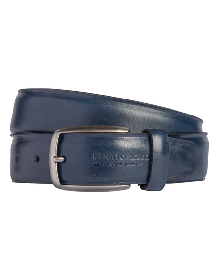 RB4025D | Cintura Uomo Made in Italy in Vero Cuoio Conciato al Vegetale. Fibbia in finitura Canna di Fucile Satinato. Colore Blu. Dimensioni: cm 125 x 3,5 x 0,5 (giro vita cm 110)-0