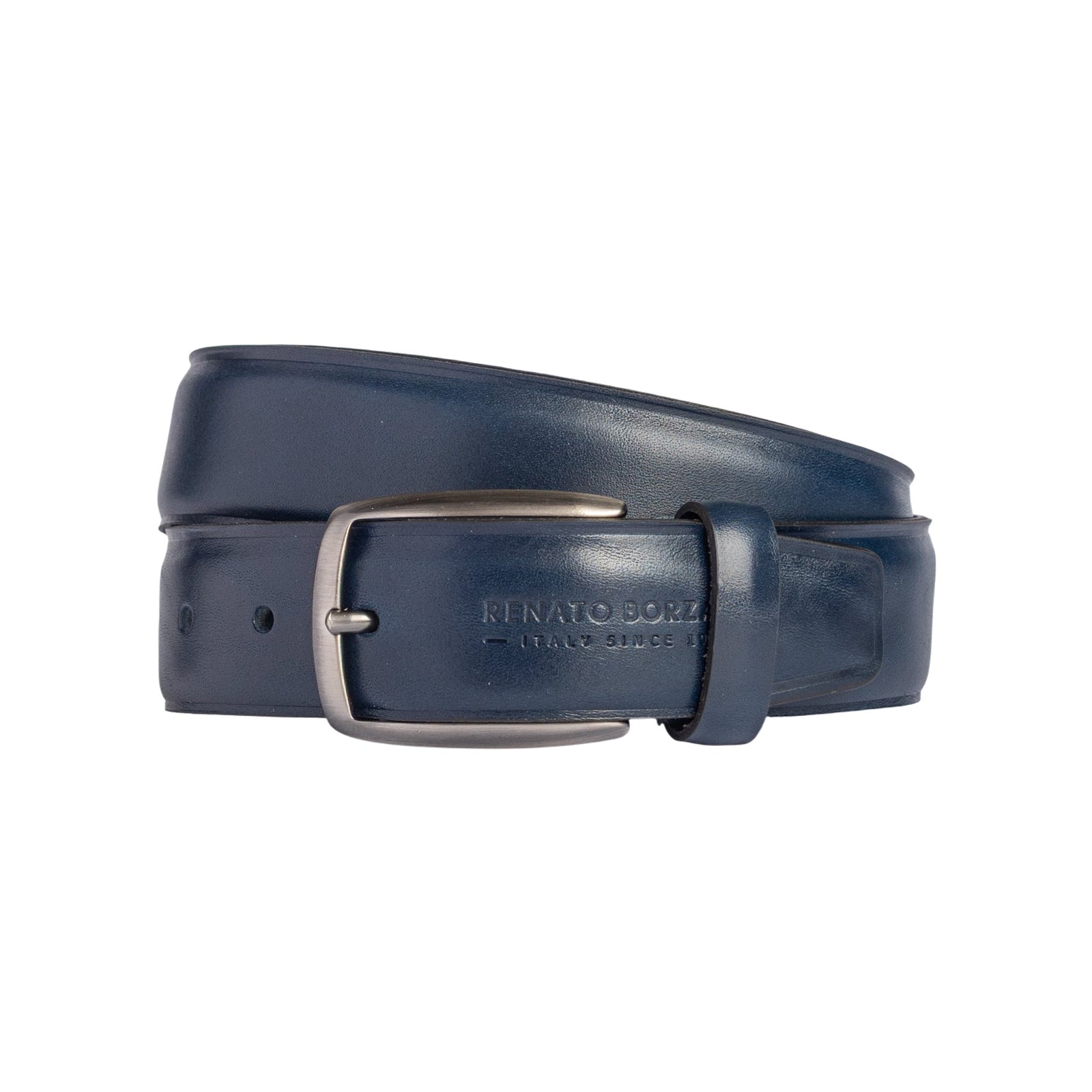 RB4025D | Cintura Uomo Made in Italy in Vero Cuoio Conciato al Vegetale. Fibbia in finitura Canna di Fucile Satinato. Colore Blu. Dimensioni: cm 125 x 3,5 x 0,5 (giro vita cm 110)-0