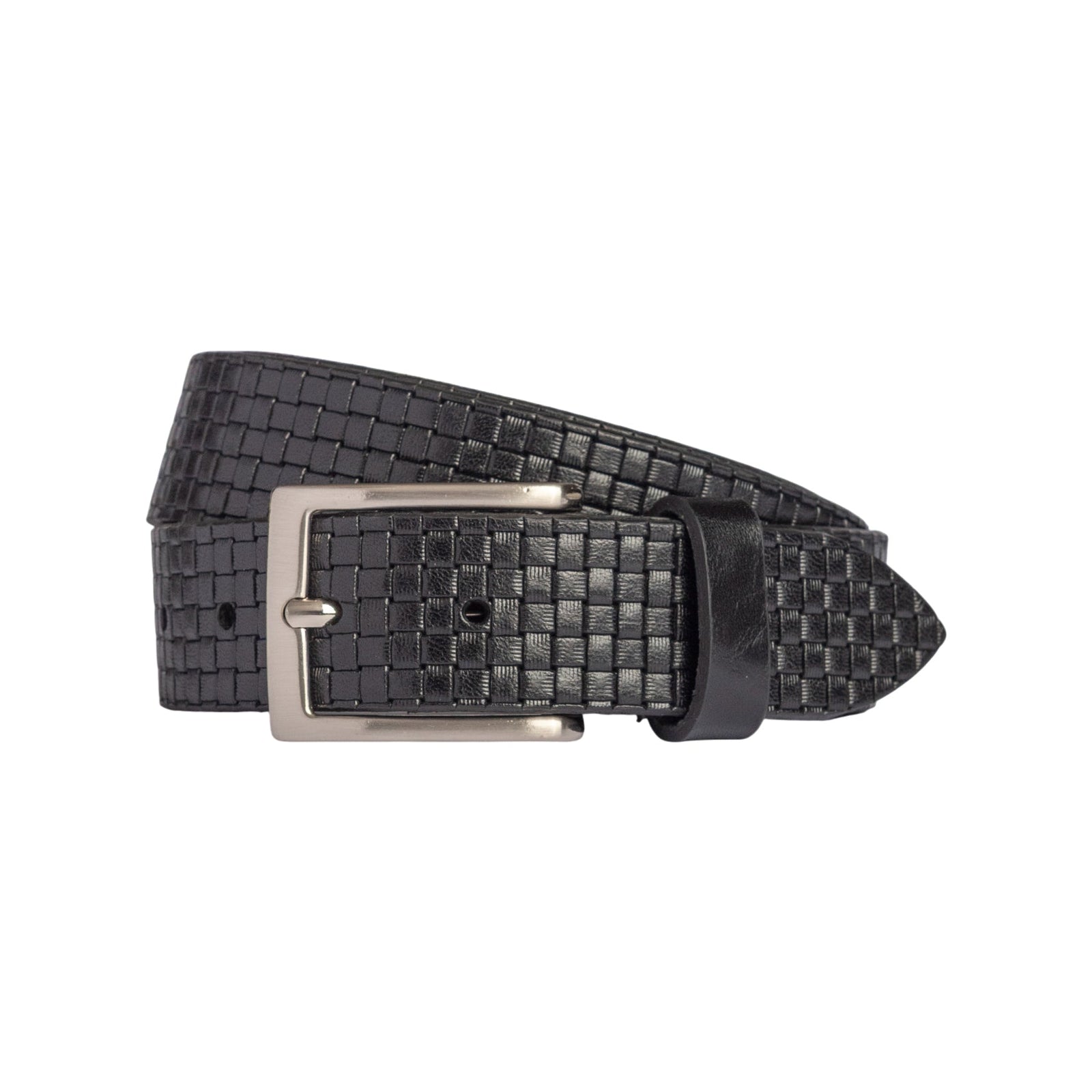 RB4028A | Cintura Uomo con Stampa Allover Made in Italy in Vero Cuoio Conciato al Vegetale. Fibbia in finitura Argento Satinato. Colore Nero. Dimensioni: cm 125 x 3,5 x 0,5 (giro vita cm 110)-0