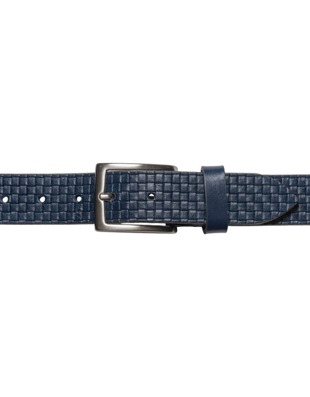 RB4028D | Cintura Uomo con Stampa Allover Made in Italy in Vero Cuoio Conciato al Vegetale. Fibbia in finitura Argento Satinato. Colore Blu. Dimensioni: cm 125 x 3,5 x 0,5 (giro vita cm 110)-1
