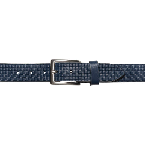 Load image into Gallery viewer, RB4028D | Cintura Uomo con Stampa Allover Made in Italy in Vero Cuoio Conciato al Vegetale. Fibbia in finitura Argento Satinato. Colore Blu. Dimensioni: cm 125 x 3,5 x 0,5 (giro vita cm 110)-1
