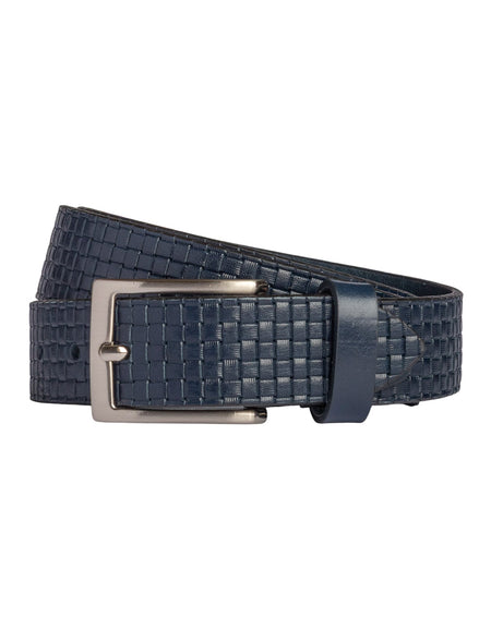 RB4028D | Cintura Uomo con Stampa Allover Made in Italy in Vero Cuoio Conciato al Vegetale. Fibbia in finitura Argento Satinato. Colore Blu. Dimensioni: cm 125 x 3,5 x 0,5 (giro vita cm 110)-0
