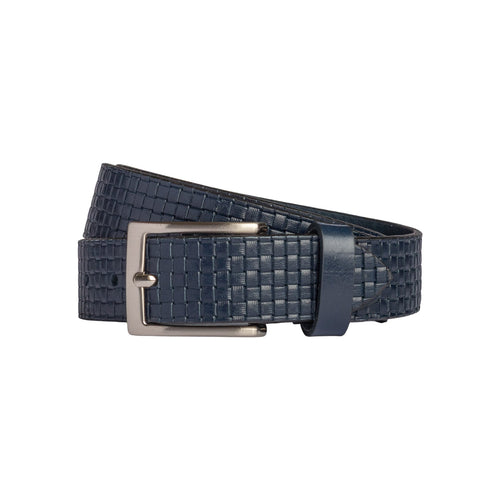 Load image into Gallery viewer, RB4028D | Cintura Uomo con Stampa Allover Made in Italy in Vero Cuoio Conciato al Vegetale. Fibbia in finitura Argento Satinato. Colore Blu. Dimensioni: cm 125 x 3,5 x 0,5 (giro vita cm 110)-0
