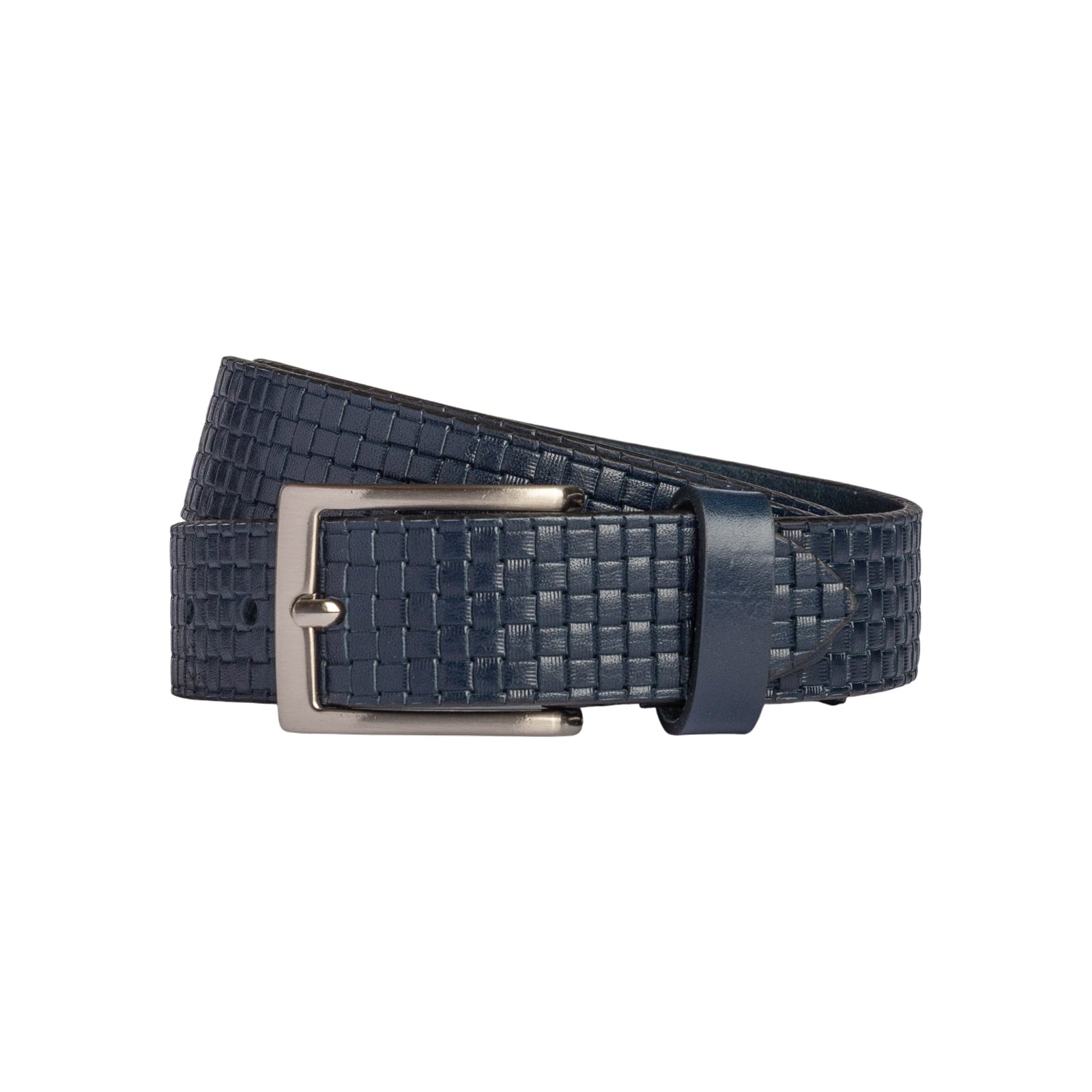 RB4028D | Cintura Uomo con Stampa Allover Made in Italy in Vero Cuoio Conciato al Vegetale. Fibbia in finitura Argento Satinato. Colore Blu. Dimensioni: cm 125 x 3,5 x 0,5 (giro vita cm 110)-0