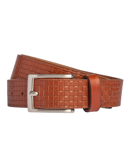 RB4028S | Cintura Uomo con Stampa Allover Made in Italy in Vero Cuoio Conciato al Vegetale. Fibbia in finitura Argento Satinato. Colore Cognac. Dimensioni: cm 125 x 3,5 x 0,5 (giro vita cm 110)-0