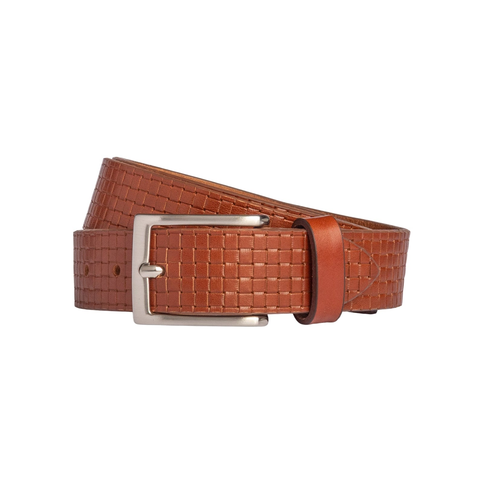 RB4028S | Cintura Uomo con Stampa Allover Made in Italy in Vero Cuoio Conciato al Vegetale. Fibbia in finitura Argento Satinato. Colore Cognac. Dimensioni: cm 125 x 3,5 x 0,5 (giro vita cm 110)-0